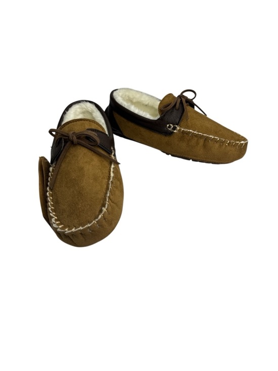 Lamo Moccasin Slippers Men’s 9 Tan Brown Suede Fleece Lined Leather Trim NWT main image 6
